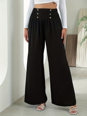 Smocked Waist Wide Leg Pants Solid Elastic Long Length