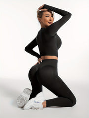 Women's Yoga Sports Suits Seamless Stretchy Fitness Long Sleeve Top & Leggings
