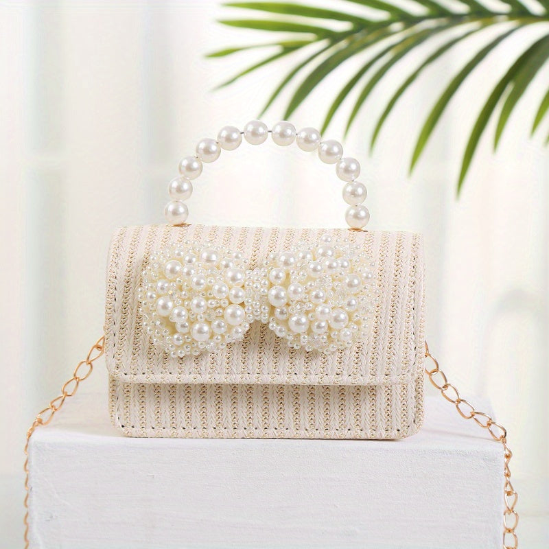 Straw Crossbody Bag Faux Pearl Beaded Handbag