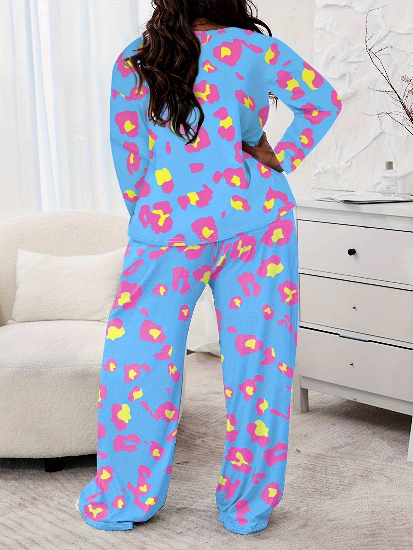 Leopard Print Pajama Set Long Sleeve Tee & Pants