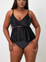 Sexy Tankini Set Leopard Pattern Mesh Peplum Cami Top & Panty Swimsuit