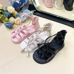 Kids Lace up Flat Sandals Girls Open Toe Non slip Zipper Sandals
