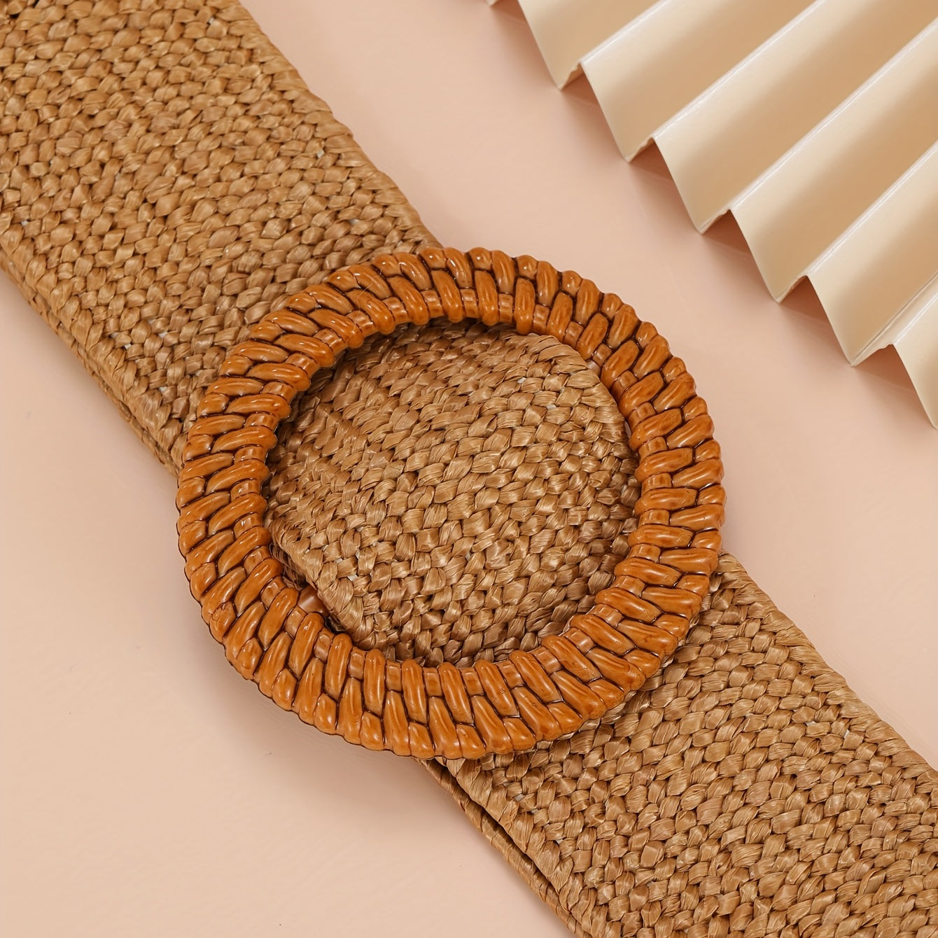 Khaki Elastic Straw Belt Round Wooden Buckle Wide Waistband for Women