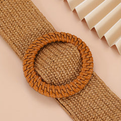 Khaki Elastic Straw Belt Round Wooden Buckle Wide Waistband for Women