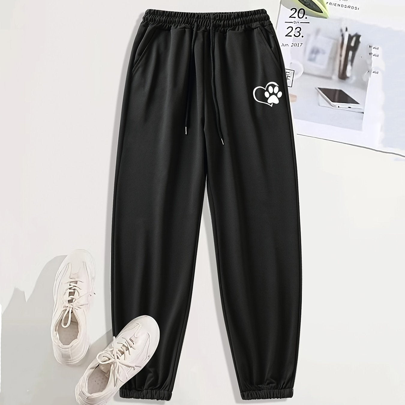 Heart Print Casual Sports Pants Solid Drawstring Couple Jogging Pants