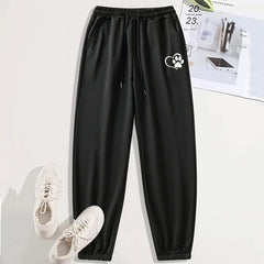 Heart Print Casual Sports Pants Solid Drawstring Couple Jogging Pants