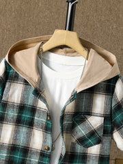 Boys 2pcs Plaid Hooded Shirt & Shorts Set Short Sleeve Top Casual Kids Summer