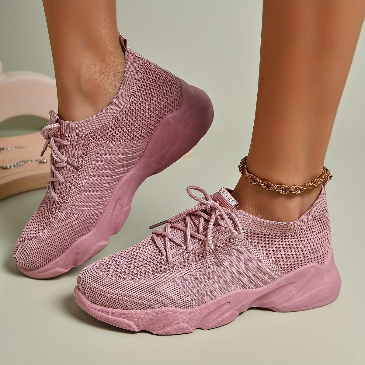 Women's Chunky Knit Sneakers Lace Up Low Top Shoes