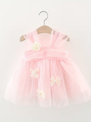 Mesh Girls Puffy Skirt with Corsage & Bow Decors for Wedding Party Ceremony