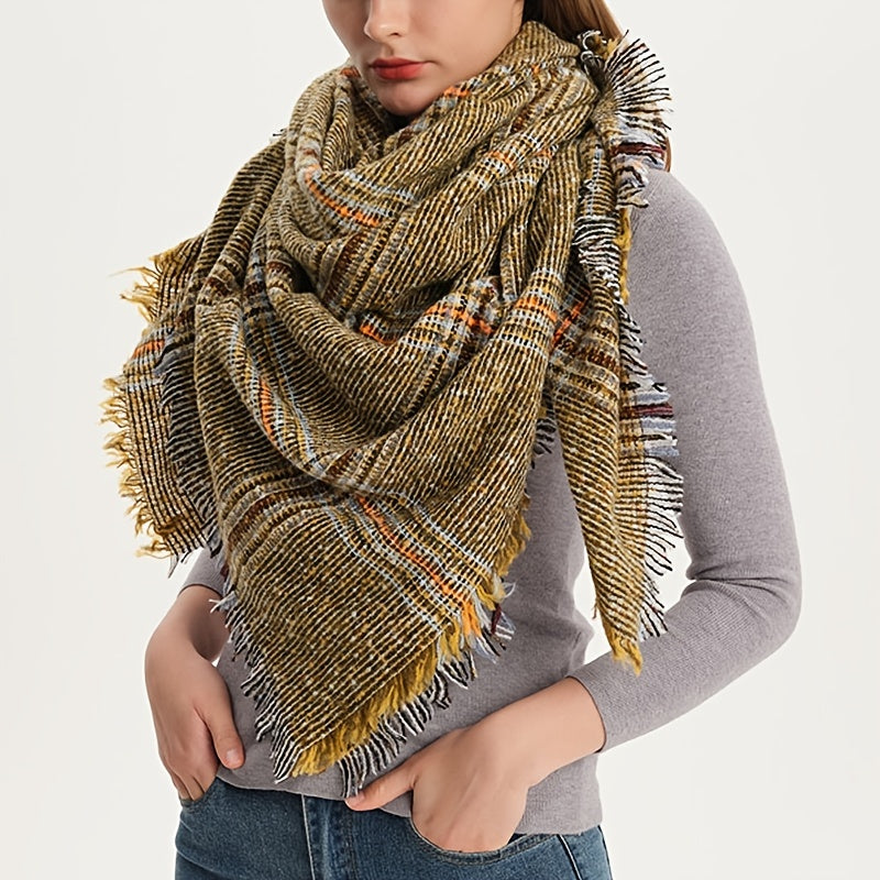 Checkered Triangle Tassel Scarf Warm Soft Fringe Yellow Blanket