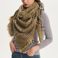 Checkered Triangle Tassel Scarf Warm Soft Fringe Yellow Blanket