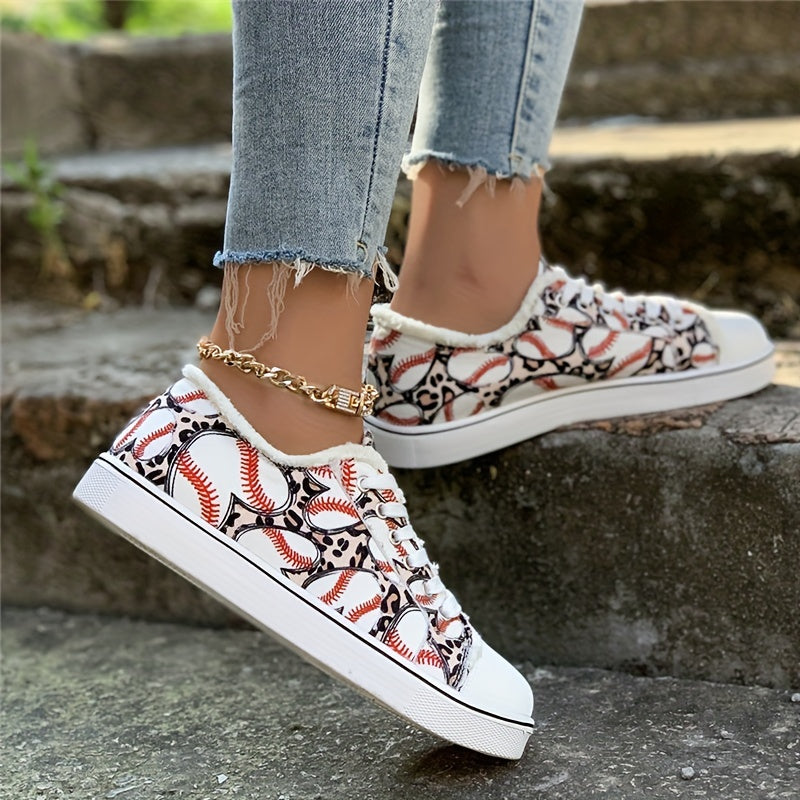 Women's Heart Baseball Print Lace-Up Sneakers