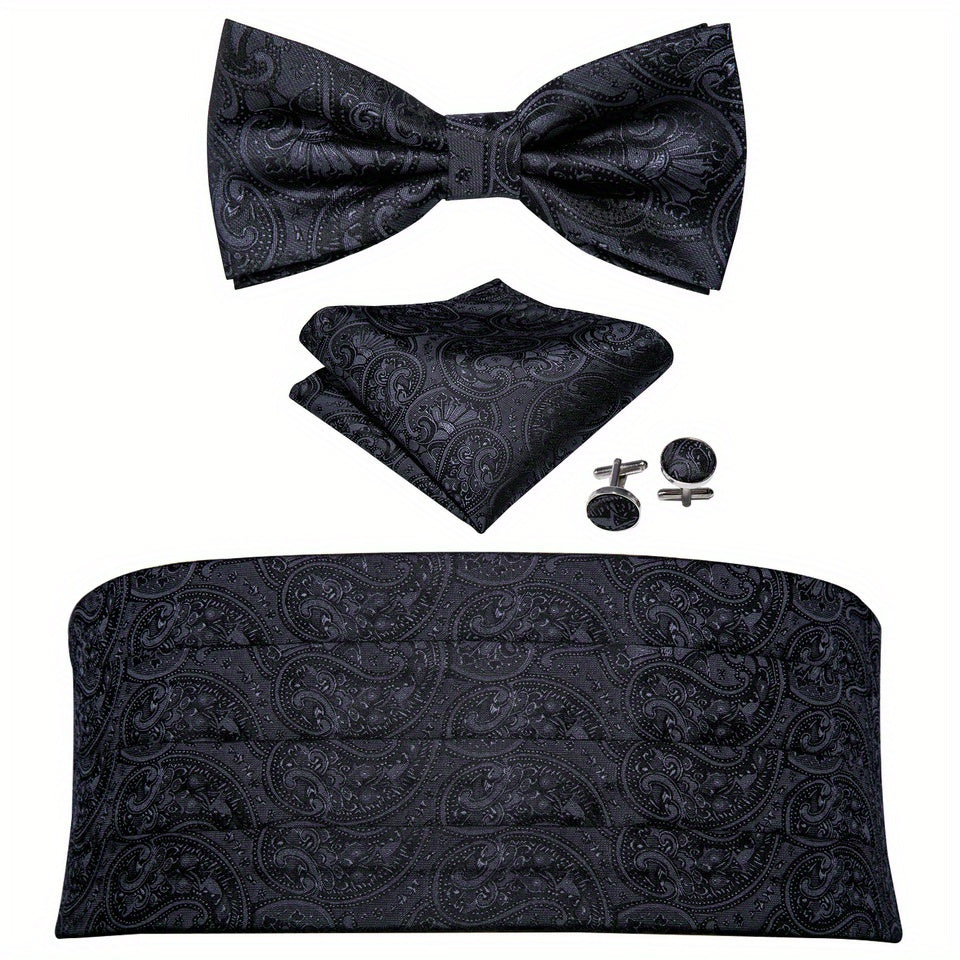 Barry Wang Men's Cummerbund Bowtie Set Silk Paisley Floral Pre-tied