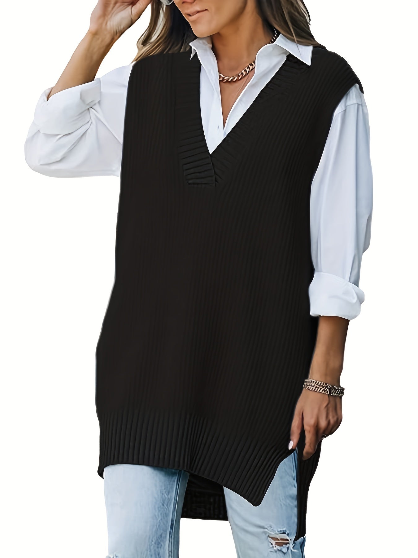 Solid V Neck Sweater Vest Sleeveless Casual Sweater