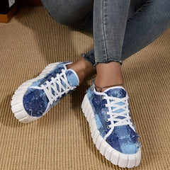 Women's Canvas Low Top Platform Sneakers Lace-Up Walking Shoes