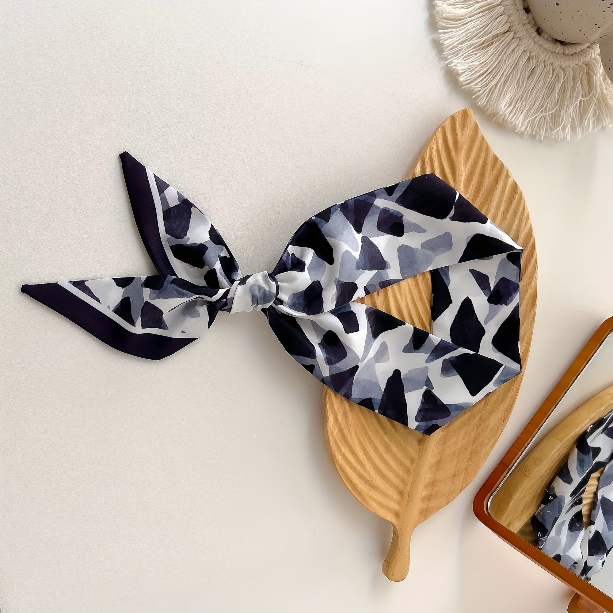 Geometric Block Print Silk Skinny Scarf for Women