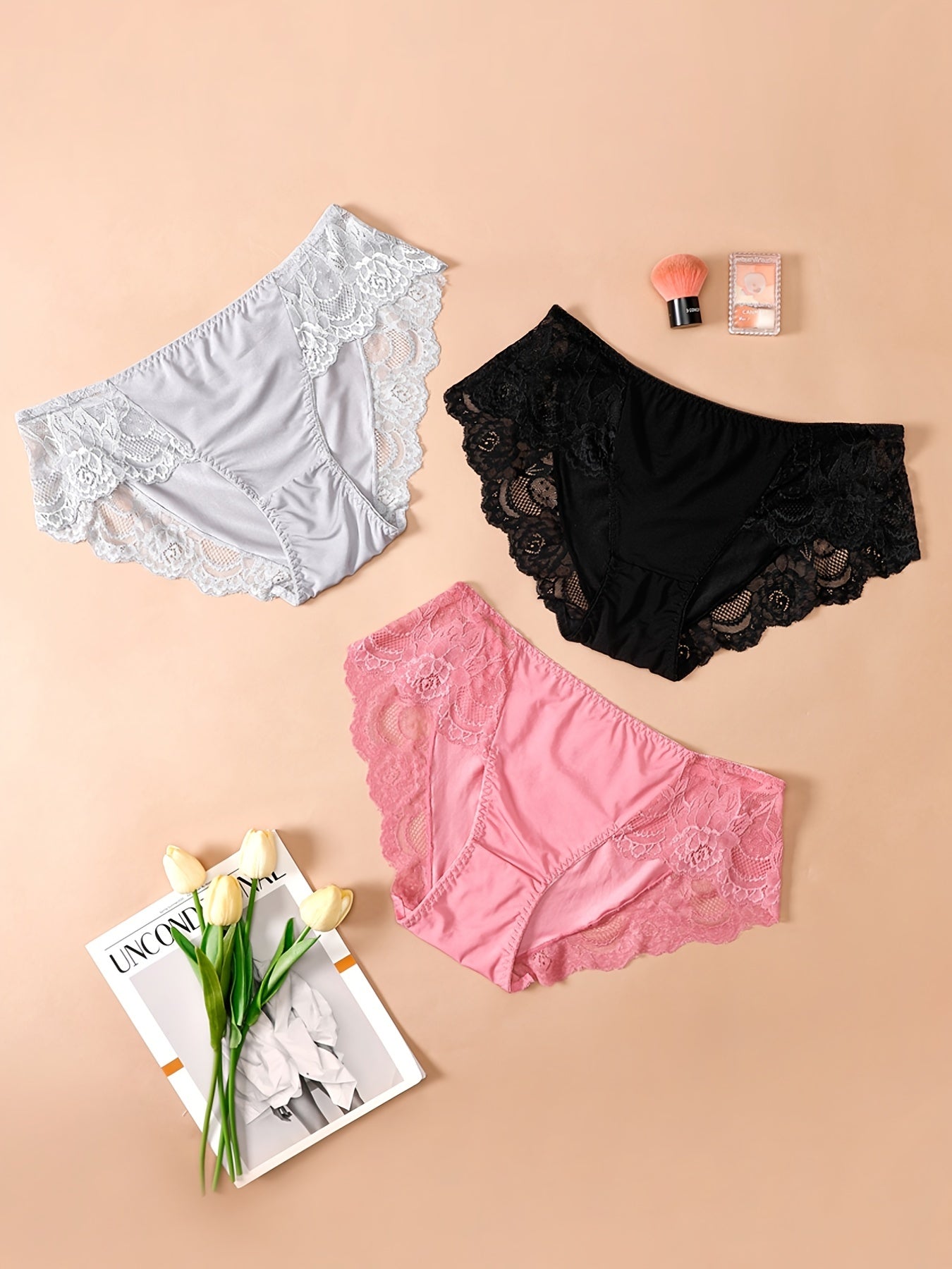 Floral Jacquard Lace Trim Panties Set Plus Size 3-Pack Women's Medium