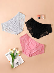 Floral Jacquard Lace Trim Panties Set Plus Size 3-Pack Women's Medium