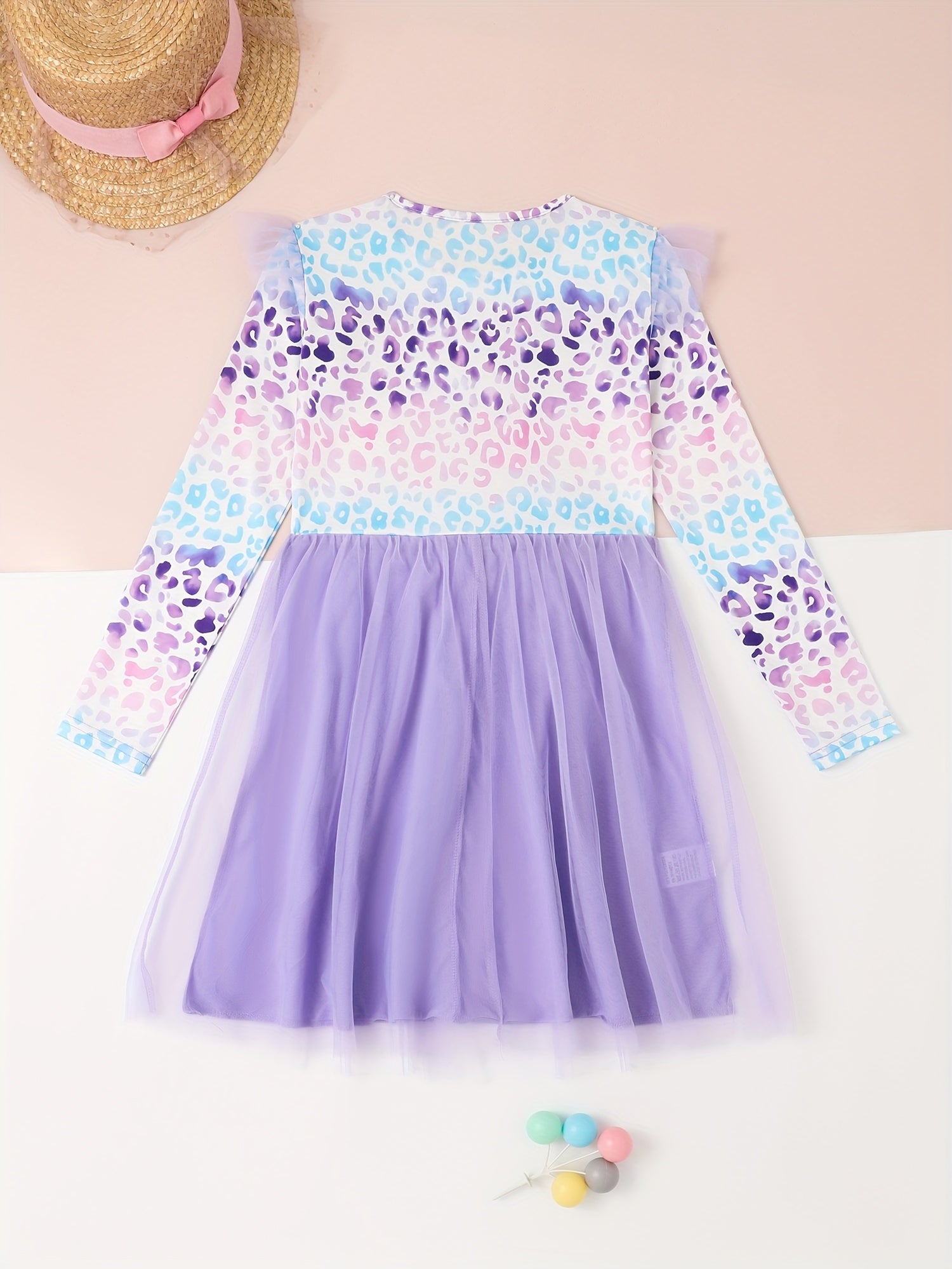 Leopard Print Flutter Trim Long Sleeve Tutu Dress