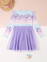 Leopard Print Flutter Trim Long Sleeve Tutu Dress