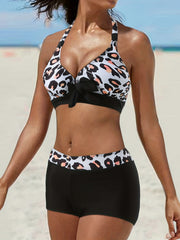 Leopard Print Bikini Set Halter V Neck High Stretch Boxer Short Bottom Swimsuit