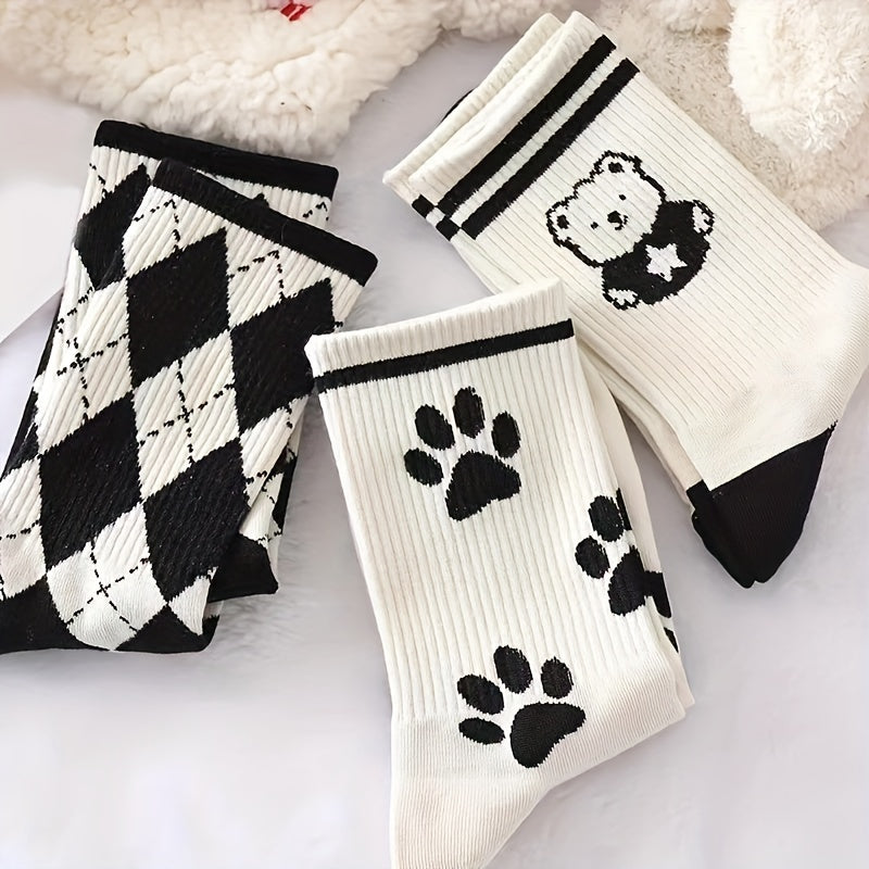 Bear Print Socks Striped Mid Tube Stockings