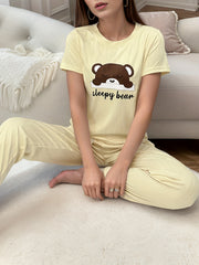 Cartoon Print Lounge Set Short Sleeve Crew Neck Top & Elastic Waistband Pants
