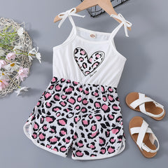 Girls Patchwork Cami Romper Bow Heart Leopard Print Jumpsuit