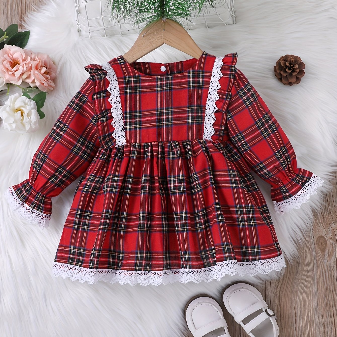Baby Girl Christmas Plaid Dress Long Sleeve Pleated Casual Dress