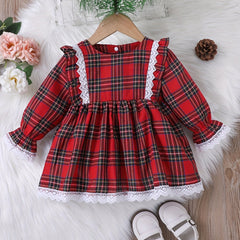 Baby Girl Christmas Plaid Dress Long Sleeve Pleated Casual Dress