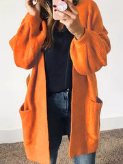 Solid Lantern Sleeve Open Front Cardigan With Pockets