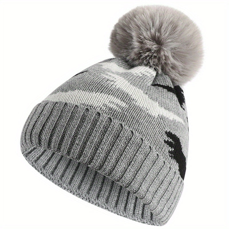 Kids Winter Knit Fleece-Lined Hat With Dinosaur Embroidery