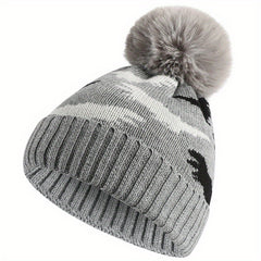 Kids Winter Knit Fleece-Lined Hat With Dinosaur Embroidery