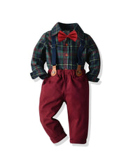Baby Boys Gentleman Outfit Plaid Shirt & Suspender Pants Set