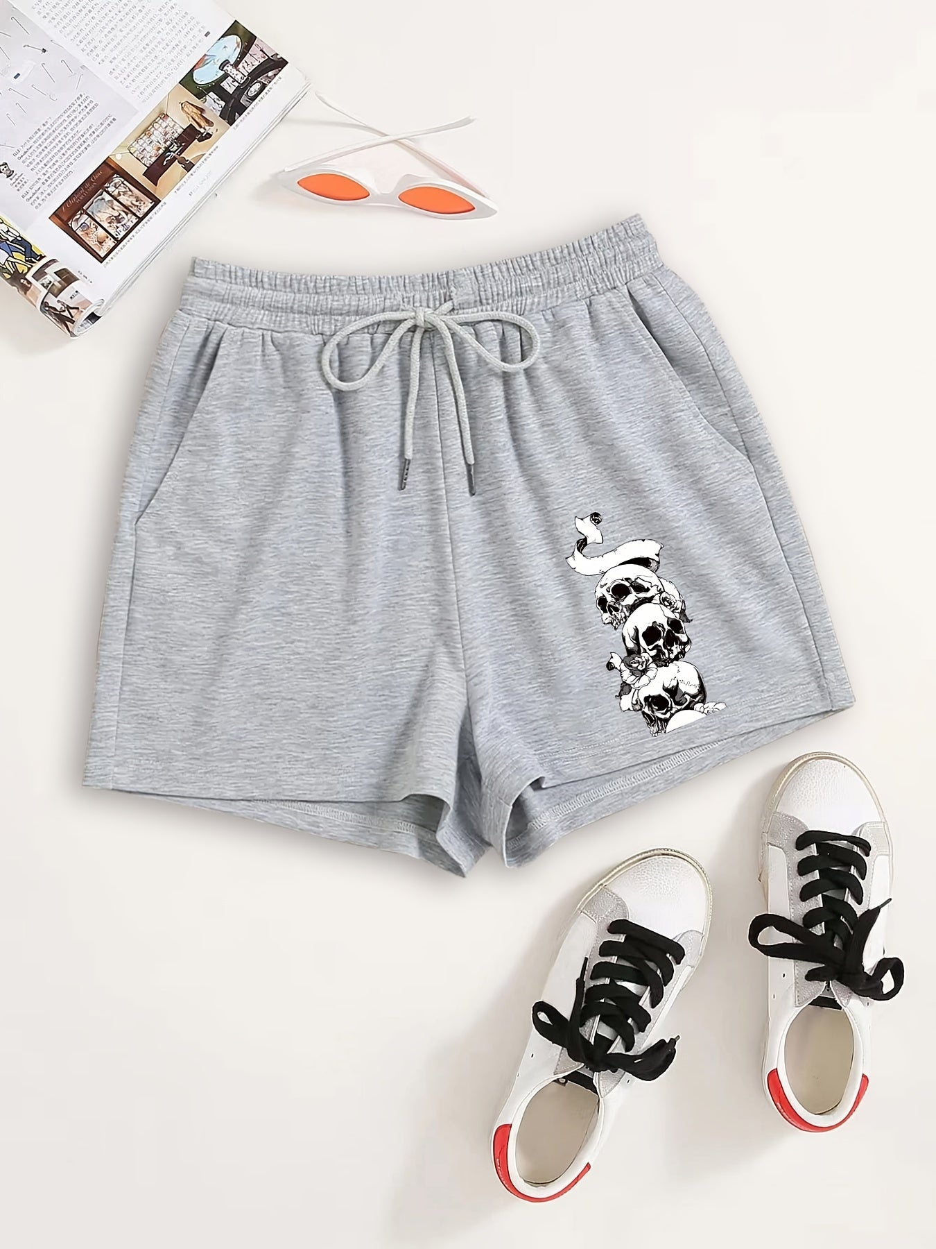 Skull Print Elastic Drawstring Shorts Y2K Sports Loose High Waist