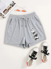 Skull Print Elastic Drawstring Shorts Y2K Sports Loose High Waist
