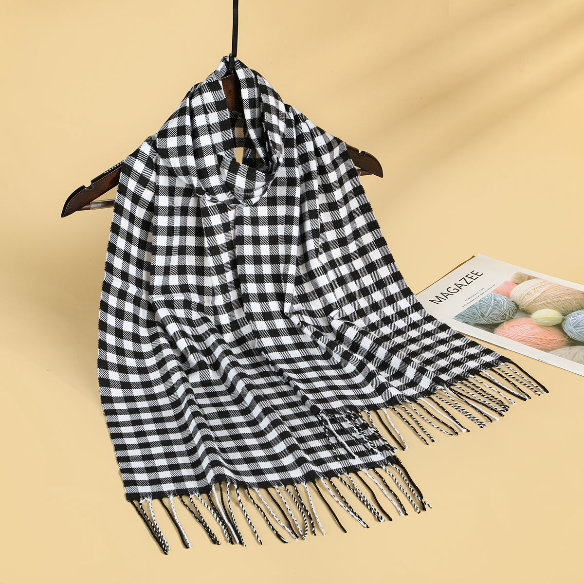 Faux Cashmere Plaid Fringe Small Scarf 1pc