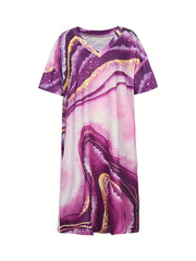 Women's Plus Marble Print V Neck Stretch Dress With Pockets