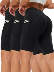 3Pcs Solid Sports Shorts High Waist Tummy Control Slim Fit With Pocket