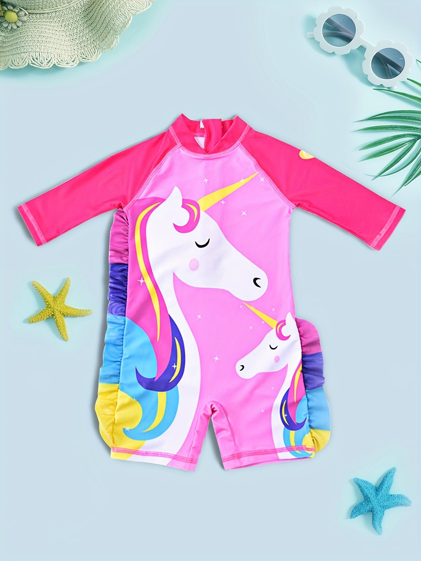 Toddler Unicorn Pattern Swimsuit Ruffle Onesie Long Sleeve Bathing Suit
