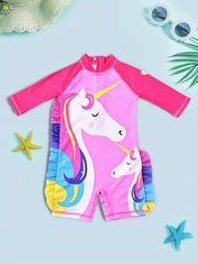 Toddler Unicorn Pattern Swimsuit Ruffle Onesie Long Sleeve Bathing Suit
