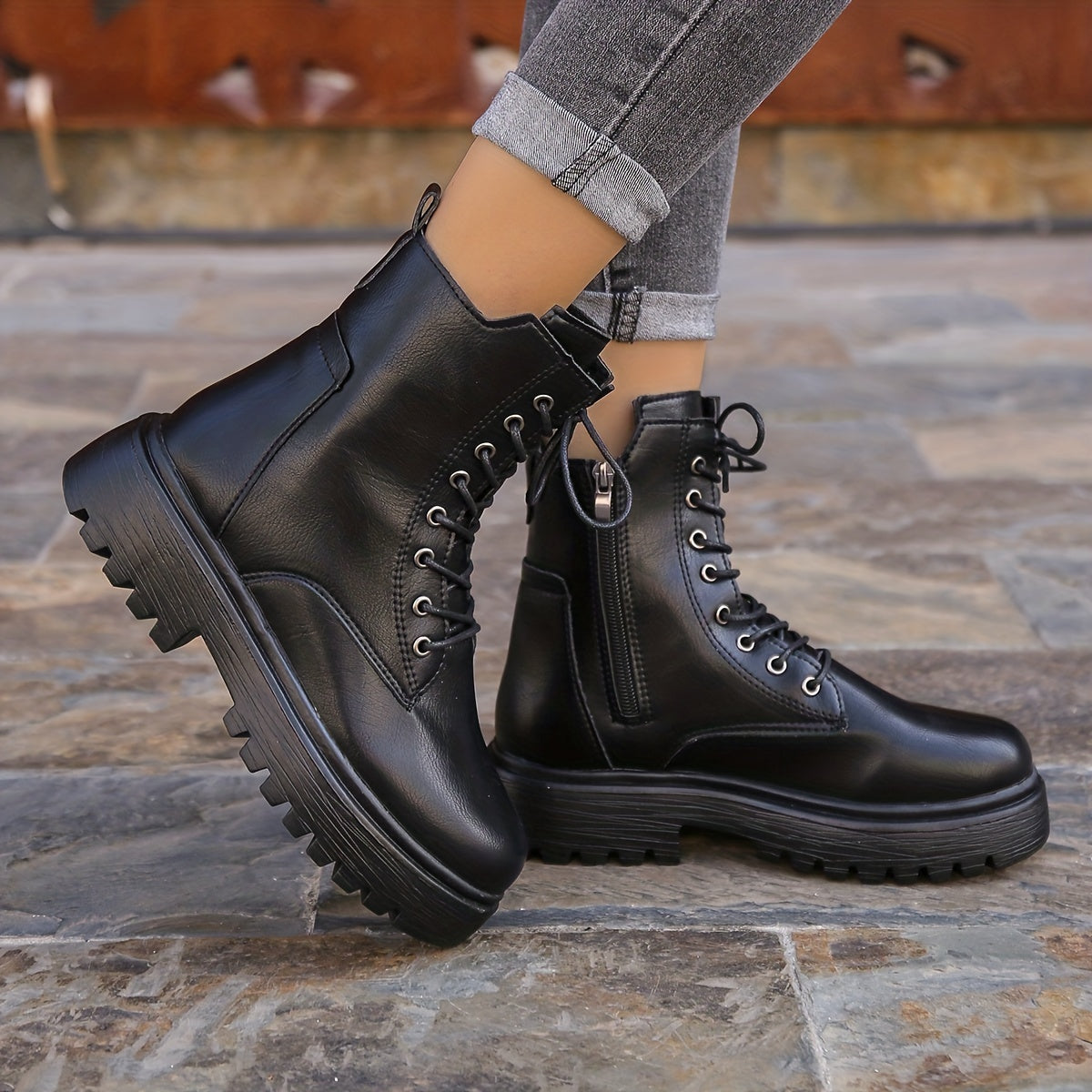 Women's Lace-Up Side Zipper Combat Boots Faux Leather Comfortable Boots