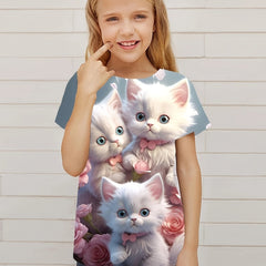 Cute Cats Graphic Short Sleeve T-shirt for Girls - Summer Gift