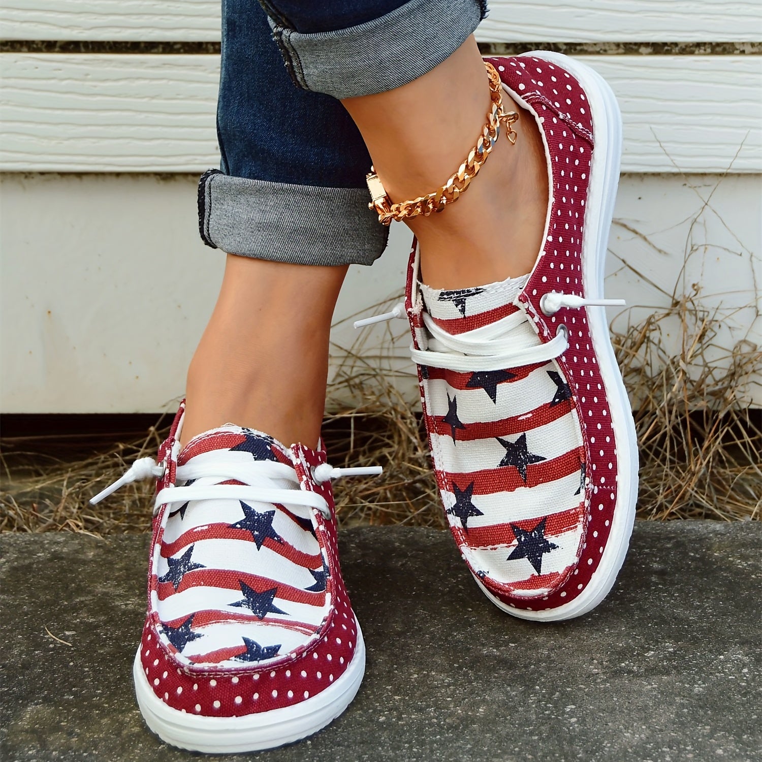 Polka Dot & American Flag Boat Shoes Lace Up Walking Shoes Round Toe Sneakers
