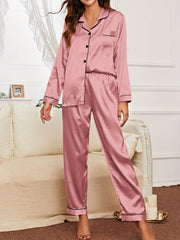 Satin Pajama Set Long Sleeve Top & Pants Women's Sleepwear