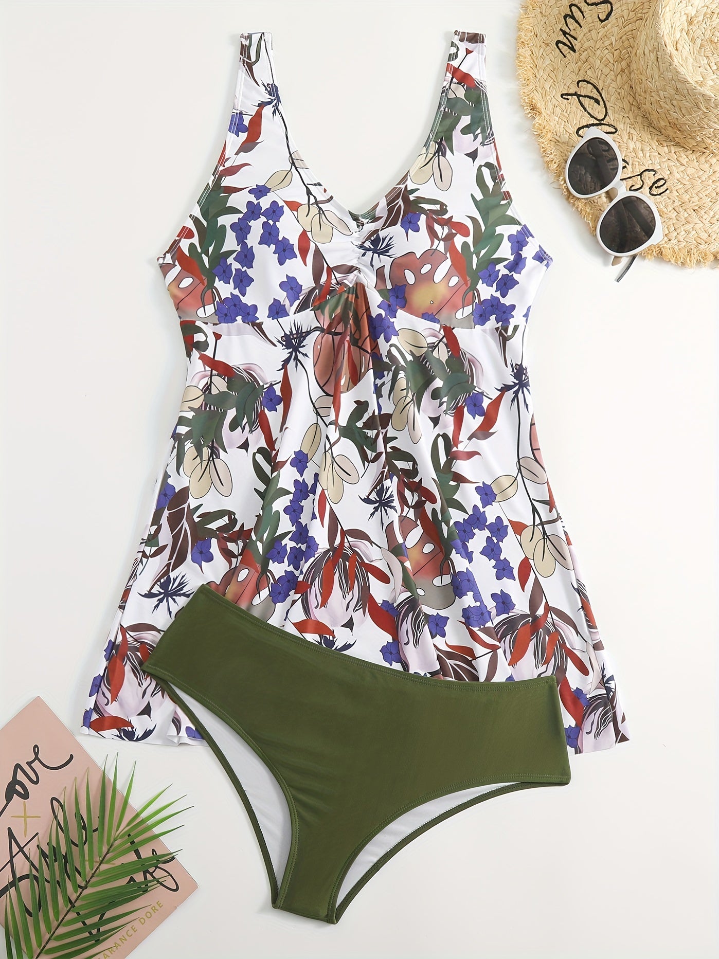 Floral Print High Stretch Boho 2 Pieces Bikini Set Women's Plus Swimsuit Set