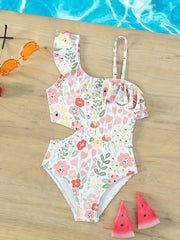 Girl's Waist Cutout Onesie Swimsuit Ruffle Decor Tankini