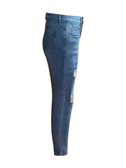 Ripped Whiskering Skinny Jeans High Stretch Distressed Slash Pocket Denim Pants