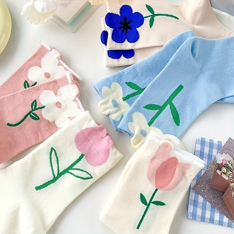 6 Pairs Floral Print Mid Tube Socks Women's Stockings