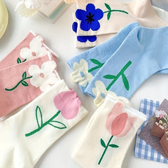 6 Pairs Floral Print Mid Tube Socks Women's Stockings
